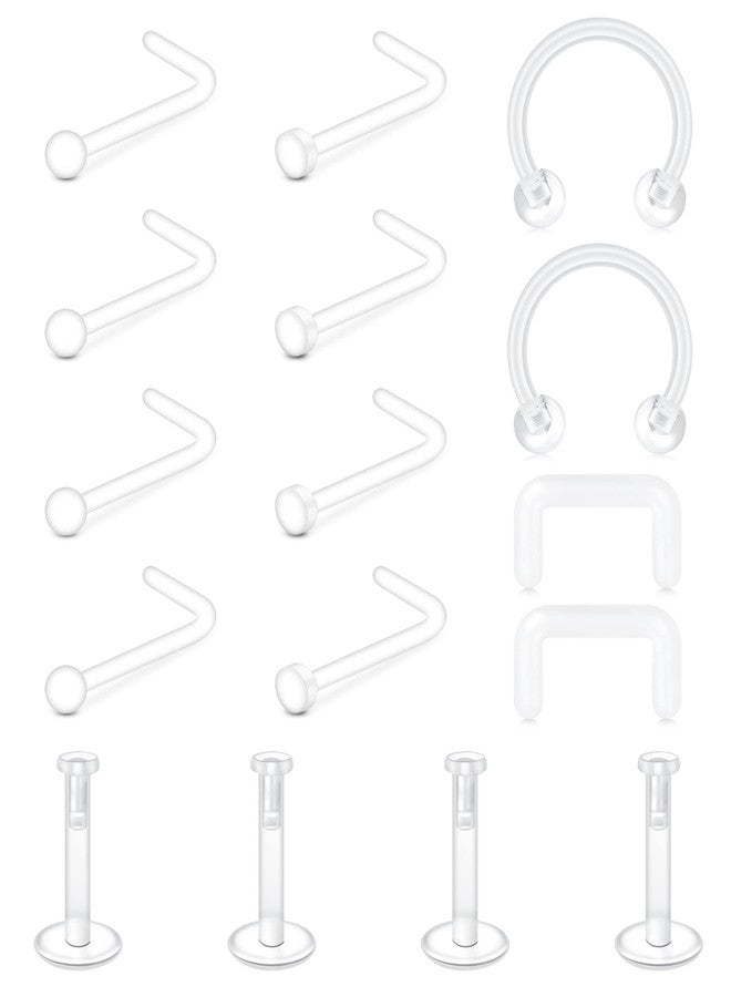 MODRSA Clear Piercing Jewelry, 20g Nose Studs, 16g Septum Retainer, Clear Earrings for Work Surgery Sports, Plastic, Unisex, 16pcs - Image 1